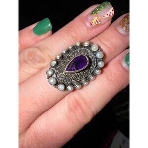 Ring / Genuine Amythyst / Artisan / Cultured Pearl / Signed 925